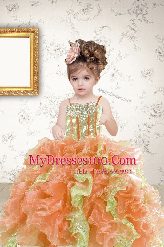 Floor Length Multi-color Flower Girl Dresses Organza Sleeveless Beading and Ruffles and Sequins