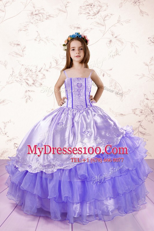 Sleeveless Floor Length Embroidery and Ruffled Layers Lace Up Little Girl Pageant Dress with Lavender