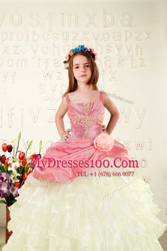 Exceptional Pink Organza Lace Up Flower Girl Dress Sleeveless Floor Length Beading and Ruffled Layers and Hand Made Flower