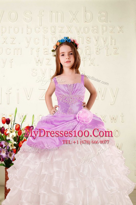 Excellent Beading and Ruffled Layers and Hand Made Flower Flower Girl Dresses Fuchsia Lace Up Sleeveless Floor Length