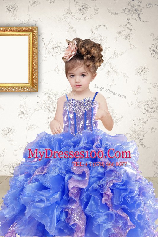 Clearance Floor Length Multi-color Kids Pageant Dress Organza Sleeveless Beading and Ruffles and Sequins