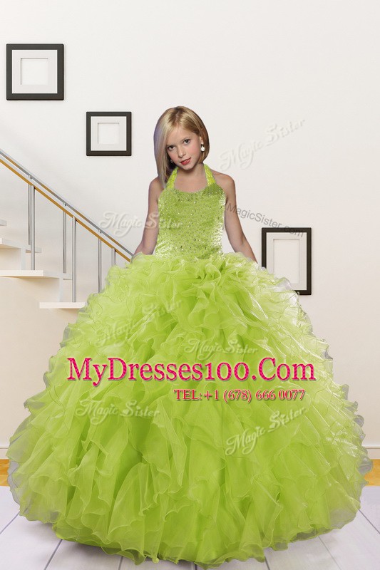 Exquisite Olive Green Ball Gowns Organza Halter Top Sleeveless Beading and Ruffles Floor Length Lace Up Toddler Flower Girl Dress