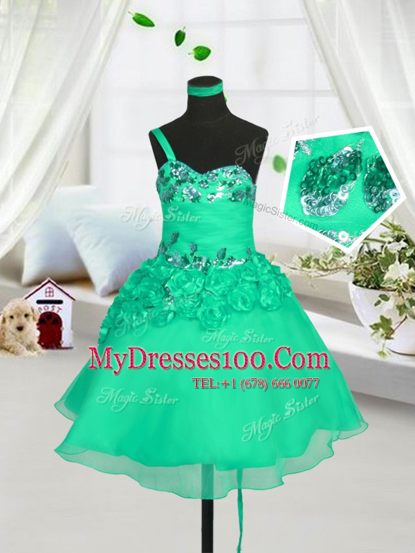 One Shoulder Organza Sleeveless Knee Length Kids Formal Wear and Beading and Hand Made Flower