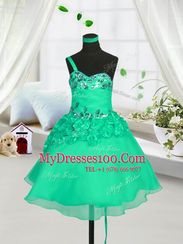One Shoulder Organza Sleeveless Knee Length Kids Formal Wear and Beading and Hand Made Flower