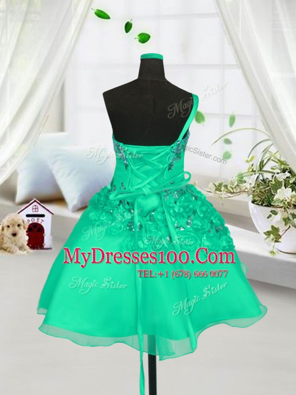 One Shoulder Organza Sleeveless Knee Length Kids Formal Wear and Beading and Hand Made Flower