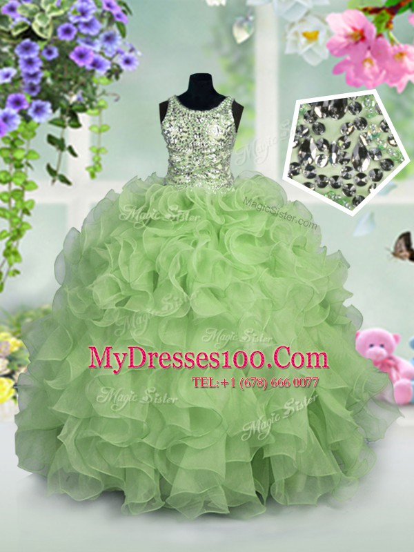 Apple Green Flower Girl Dress Party and Wedding Party and For with Ruffles and Sequins Scoop Sleeveless Zipper