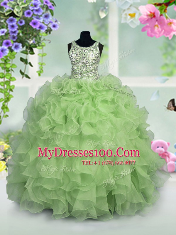 Apple Green Flower Girl Dress Party and Wedding Party and For with Ruffles and Sequins Scoop Sleeveless Zipper