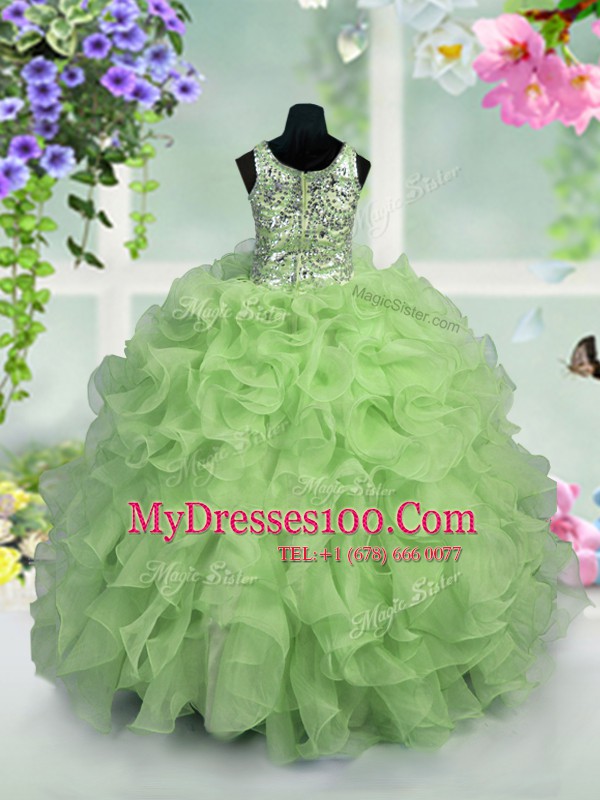Apple Green Flower Girl Dress Party and Wedding Party and For with Ruffles and Sequins Scoop Sleeveless Zipper