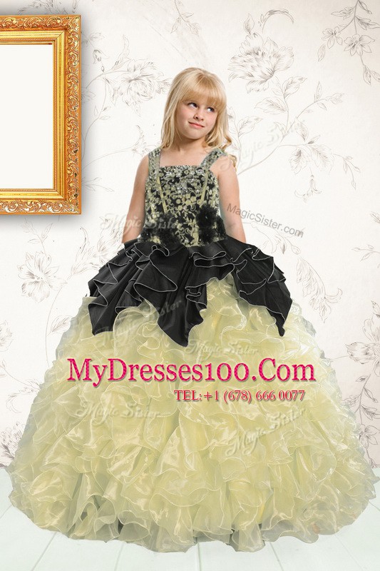Beading and Pick Ups Little Girl Pageant Dress Champagne Lace Up Sleeveless Floor Length