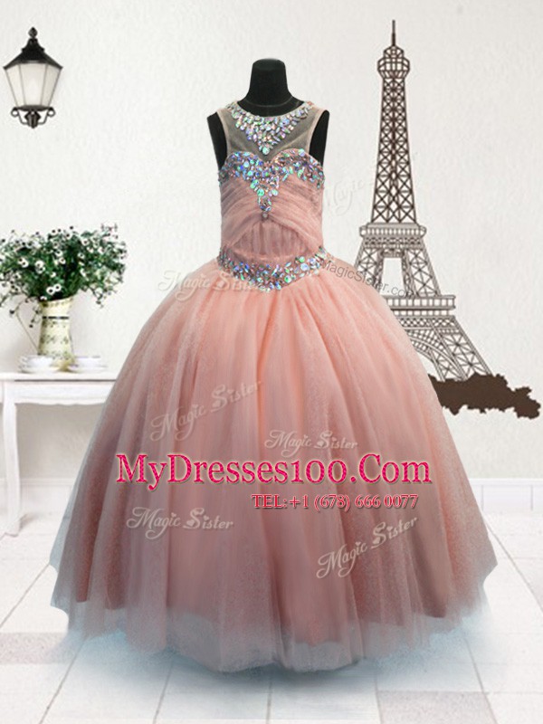 Scoop Floor Length Zipper Little Girls Pageant Dress Wholesale Pink for Party and Wedding Party with Beading