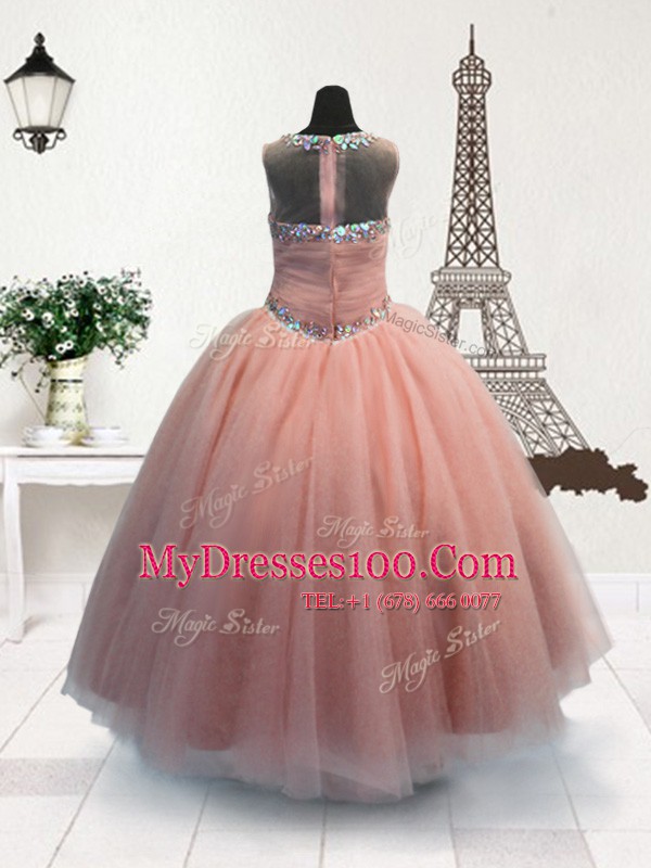 Scoop Floor Length Zipper Little Girls Pageant Dress Wholesale Pink for Party and Wedding Party with Beading