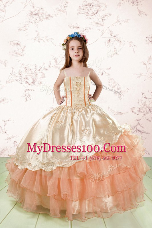 Sumptuous Orange Red Lace Up Flower Girl Dress Embroidery and Ruffled Layers Sleeveless Floor Length