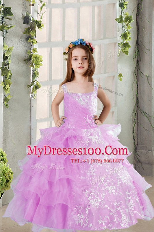 Admirable Lavender Square Neckline Lace and Ruffled Layers Little Girls Pageant Dress Sleeveless Lace Up