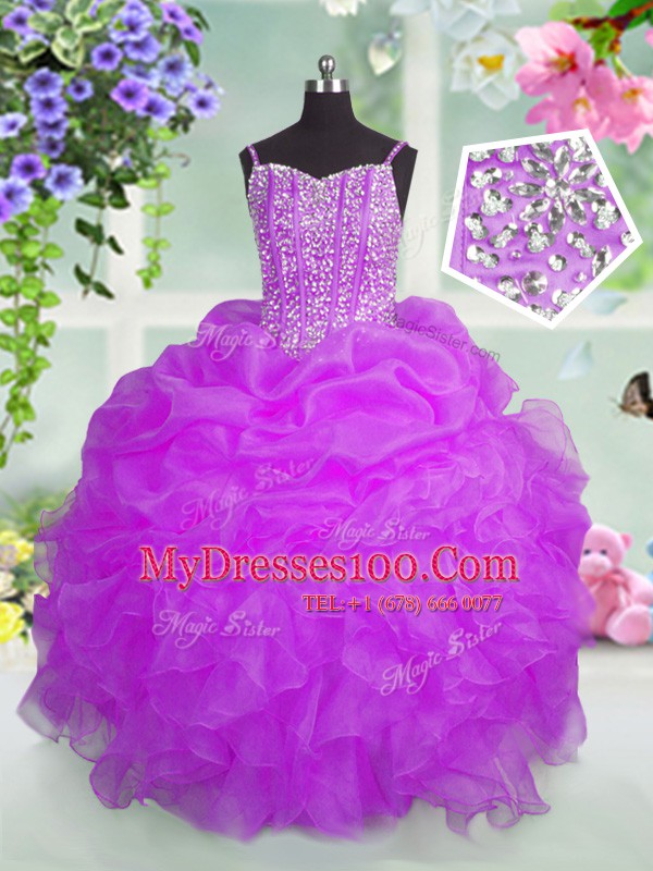 Best Beading and Ruffles and Pick Ups Girls Pageant Dresses Fuchsia Lace Up Sleeveless Floor Length
