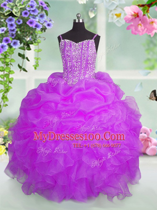 Best Beading and Ruffles and Pick Ups Girls Pageant Dresses Fuchsia Lace Up Sleeveless Floor Length