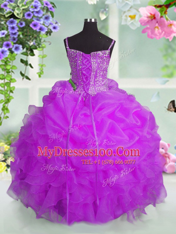 Best Beading and Ruffles and Pick Ups Girls Pageant Dresses Fuchsia Lace Up Sleeveless Floor Length