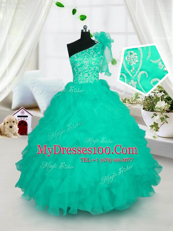 New Arrival Turquoise Organza Lace Up One Shoulder Sleeveless Floor Length Kids Formal Wear Embroidery and Ruffles