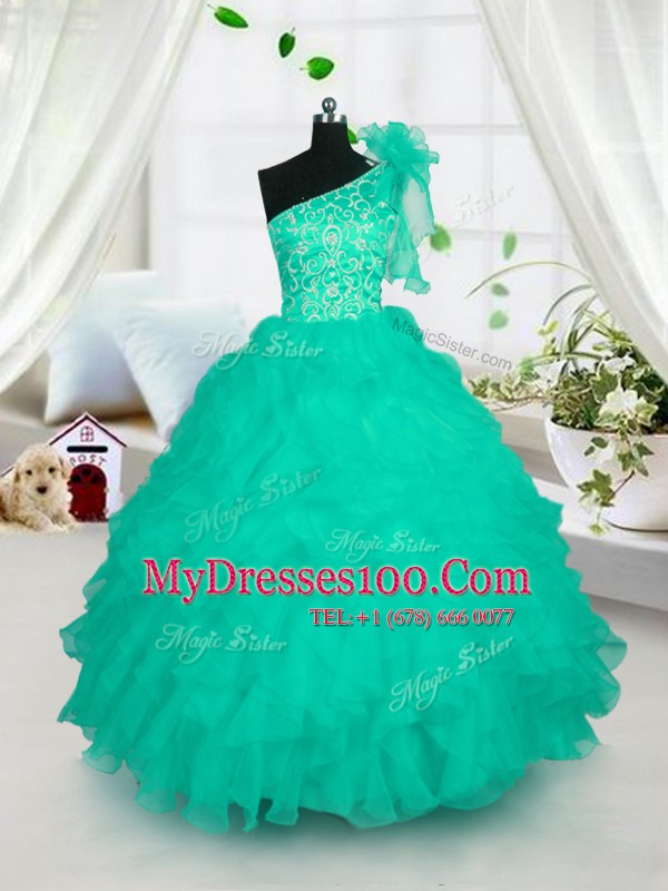 New Arrival Turquoise Organza Lace Up One Shoulder Sleeveless Floor Length Kids Formal Wear Embroidery and Ruffles