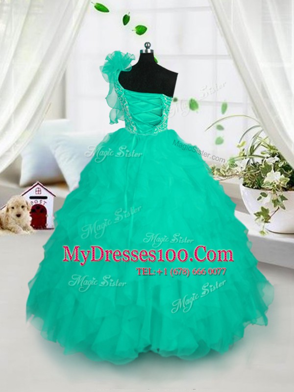 New Arrival Turquoise Organza Lace Up One Shoulder Sleeveless Floor Length Kids Formal Wear Embroidery and Ruffles