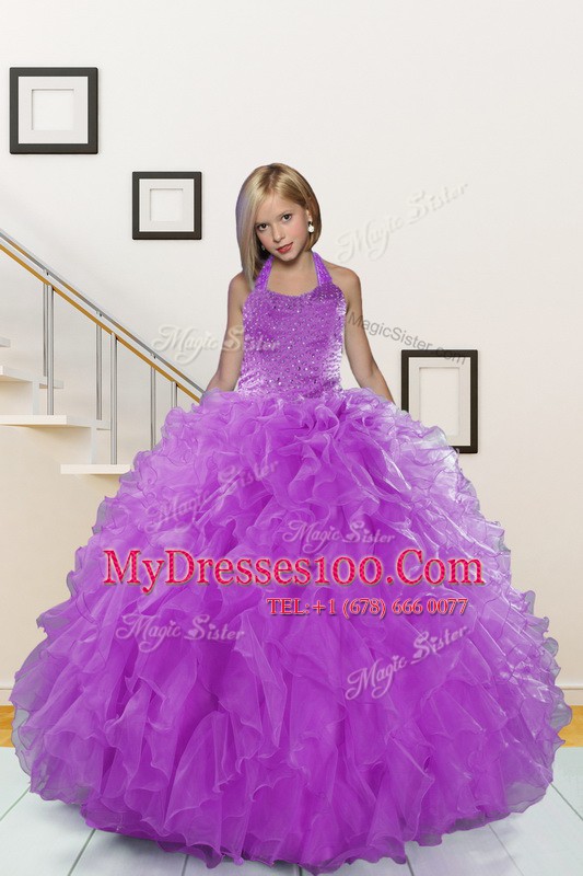 Purple Lace Up Halter Top Beading and Ruffles Toddler Flower Girl Dress Organza Sleeveless