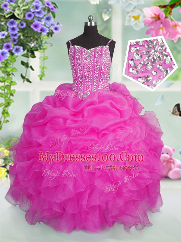 High Quality Baby Pink Lace Up Child Pageant Dress Beading and Ruffles and Pick Ups Sleeveless Floor Length