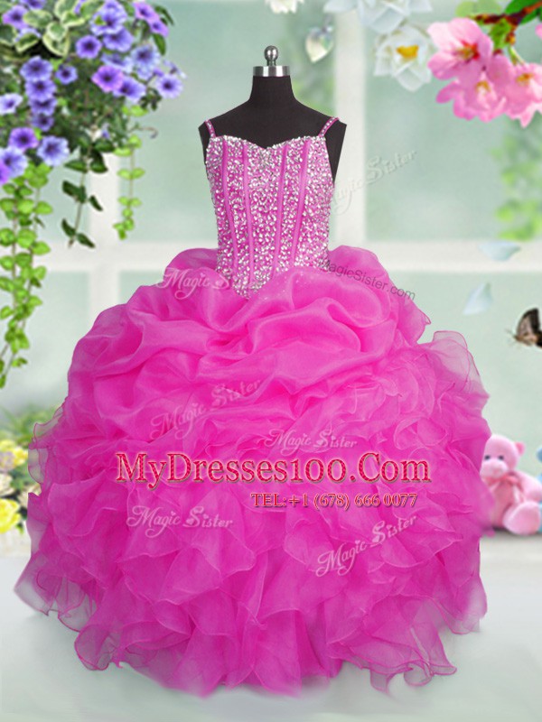 High Quality Baby Pink Lace Up Child Pageant Dress Beading and Ruffles and Pick Ups Sleeveless Floor Length