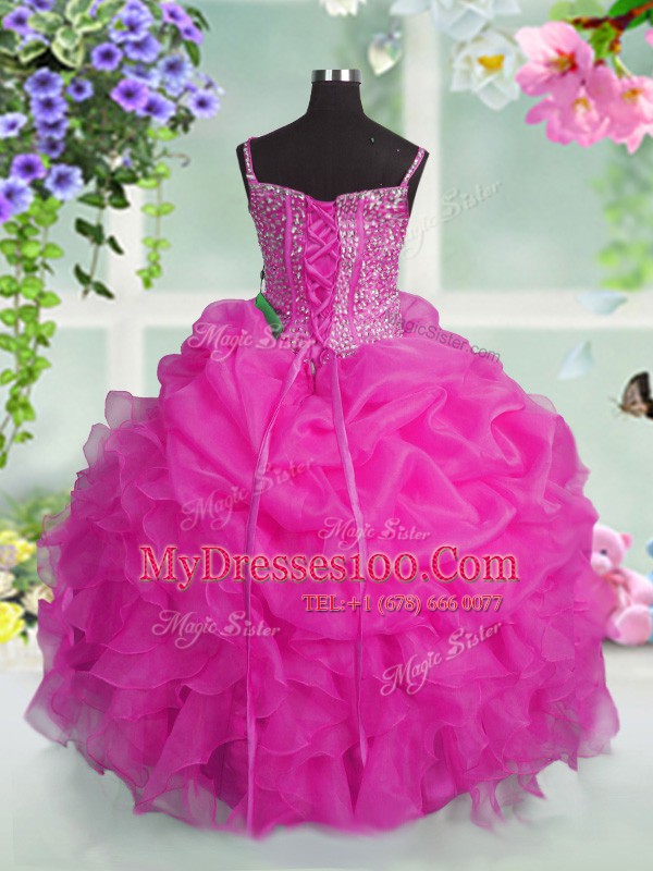 High Quality Baby Pink Lace Up Child Pageant Dress Beading and Ruffles and Pick Ups Sleeveless Floor Length