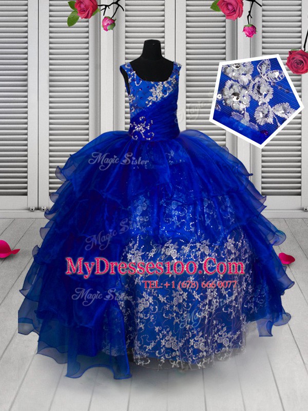 Blue Sleeveless Floor Length Appliques Lace Up Toddler Flower Girl Dress