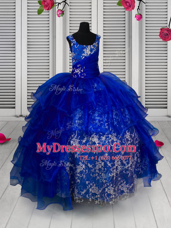 Blue Sleeveless Floor Length Appliques Lace Up Toddler Flower Girl Dress