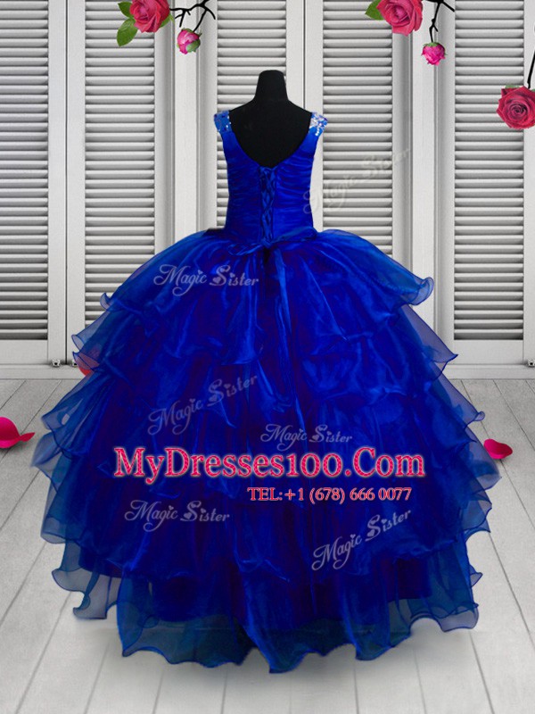 Blue Sleeveless Floor Length Appliques Lace Up Toddler Flower Girl Dress