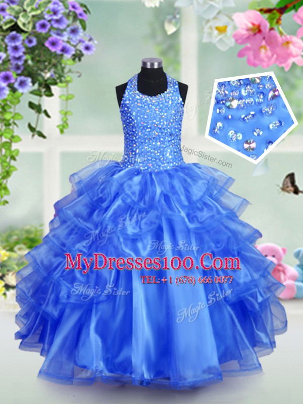 Royal Blue Pageant Gowns For Girls Party and Wedding Party and For with Beading and Ruffled Layers Halter Top Sleeveless Lace Up