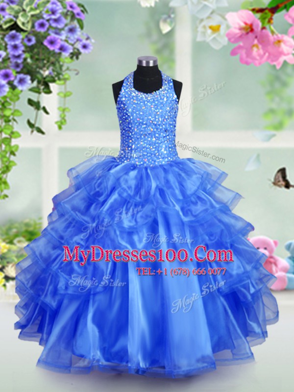 Royal Blue Pageant Gowns For Girls Party and Wedding Party and For with Beading and Ruffled Layers Halter Top Sleeveless Lace Up