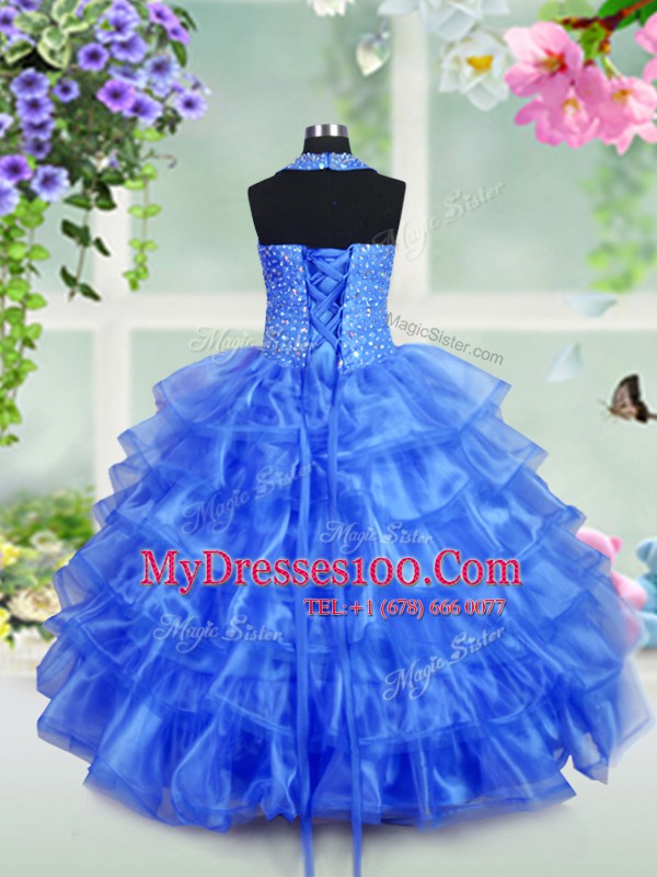 Royal Blue Pageant Gowns For Girls Party and Wedding Party and For with Beading and Ruffled Layers Halter Top Sleeveless Lace Up