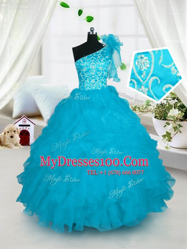 Charming Turquoise Flower Girl Dresses Party and Wedding Party and For with Embroidery and Ruffles One Shoulder Sleeveless Lace Up
