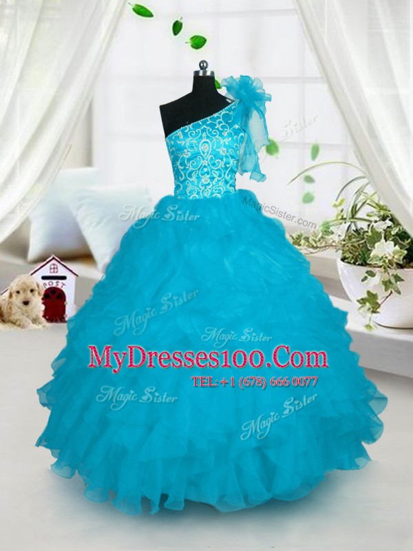 Charming Turquoise Flower Girl Dresses Party and Wedding Party and For with Embroidery and Ruffles One Shoulder Sleeveless Lace Up