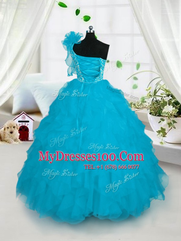 Charming Turquoise Flower Girl Dresses Party and Wedding Party and For with Embroidery and Ruffles One Shoulder Sleeveless Lace Up