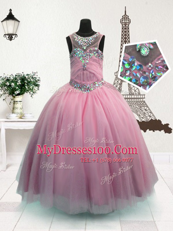 Amazing Floor Length Pink Kids Formal Wear Scoop Sleeveless Zipper