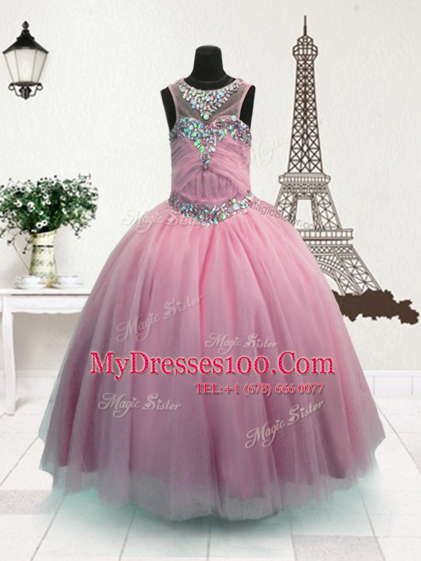 Amazing Floor Length Pink Kids Formal Wear Scoop Sleeveless Zipper