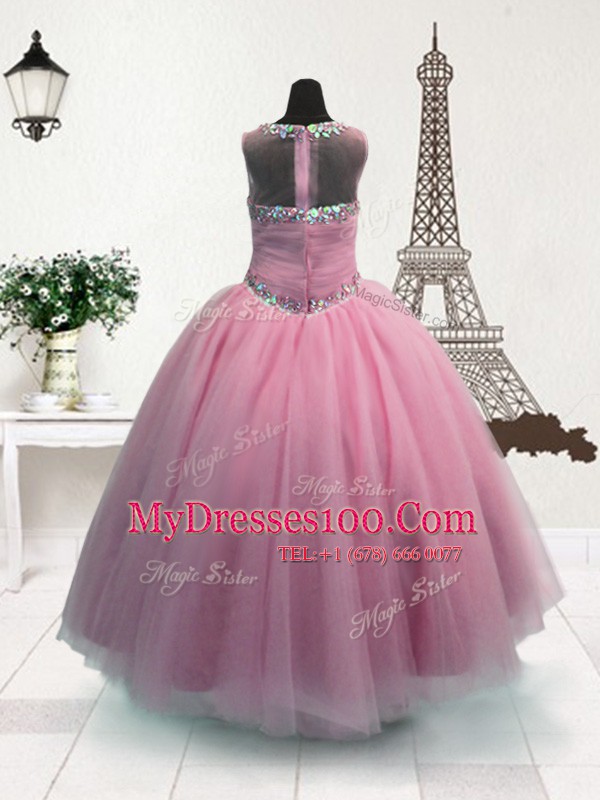 Amazing Floor Length Pink Kids Formal Wear Scoop Sleeveless Zipper