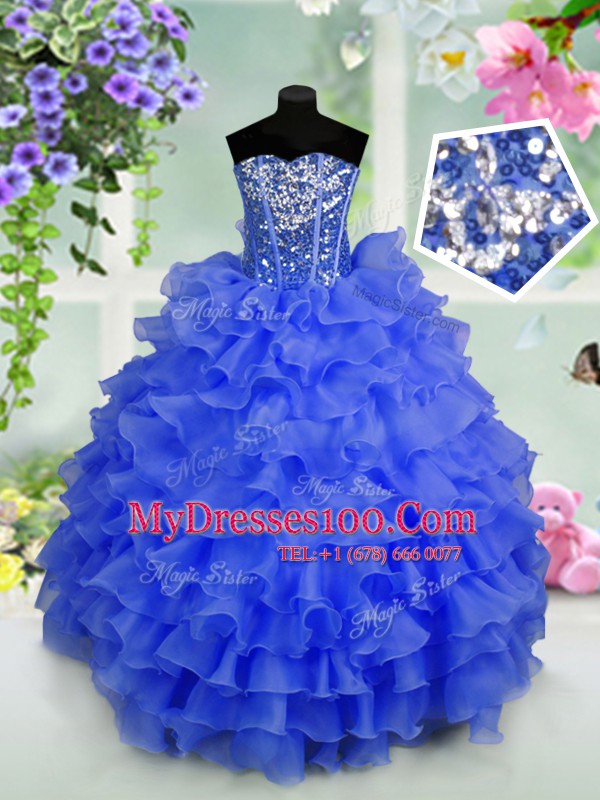 Royal Blue Ball Gowns Ruffled Layers and Sequins Child Pageant Dress Lace Up Organza Sleeveless Floor Length