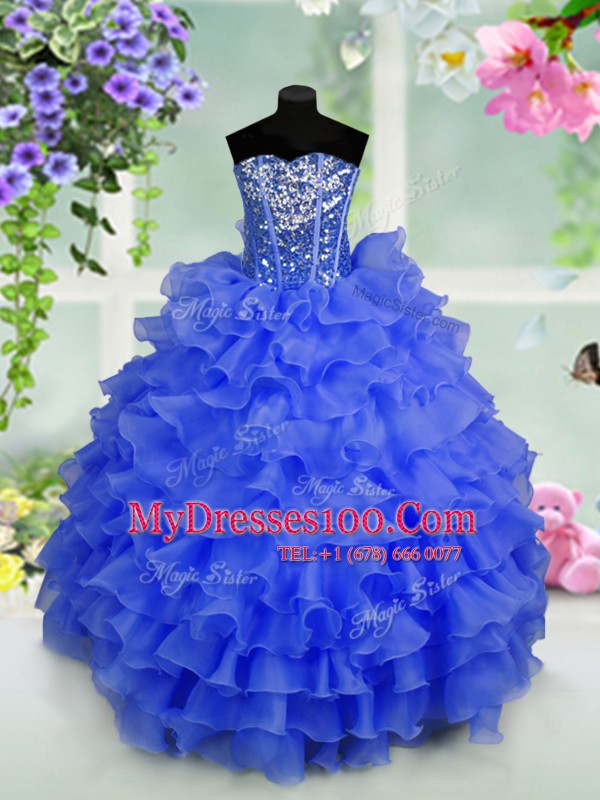 Royal Blue Ball Gowns Ruffled Layers and Sequins Child Pageant Dress Lace Up Organza Sleeveless Floor Length