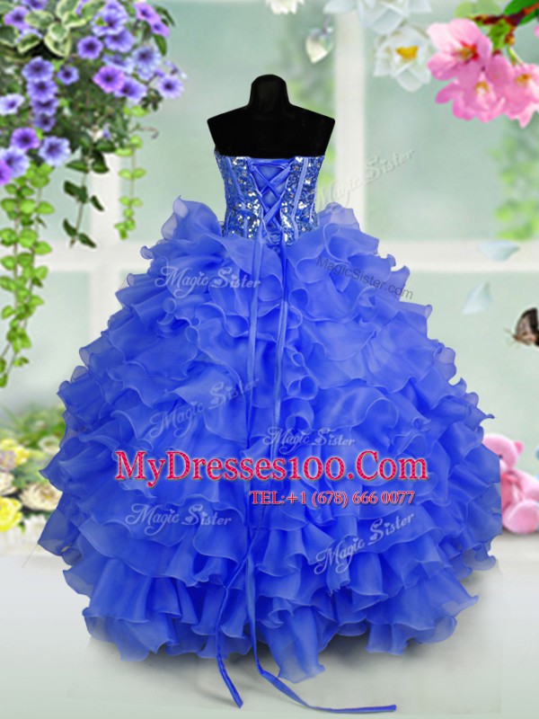 Royal Blue Ball Gowns Ruffled Layers and Sequins Child Pageant Dress Lace Up Organza Sleeveless Floor Length