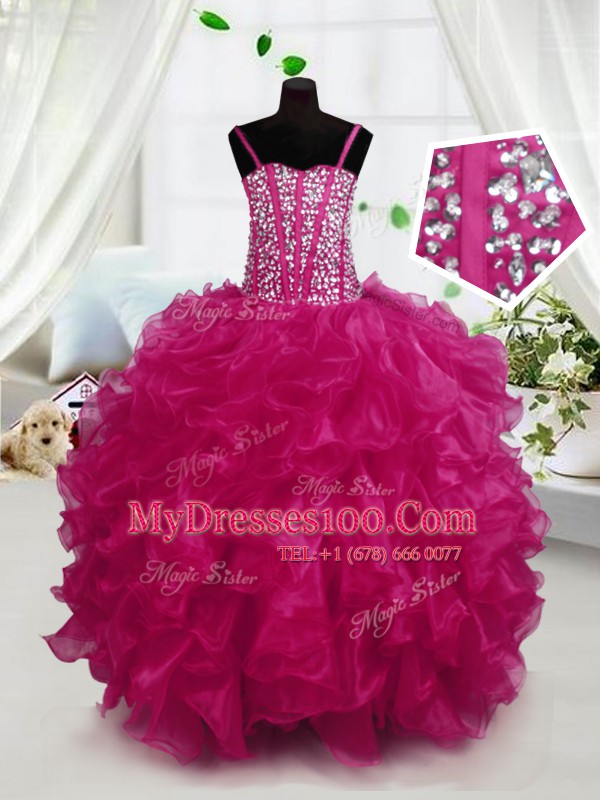 Custom Made Spaghetti Straps Sleeveless Lace Up Little Girl Pageant Gowns Hot Pink Organza