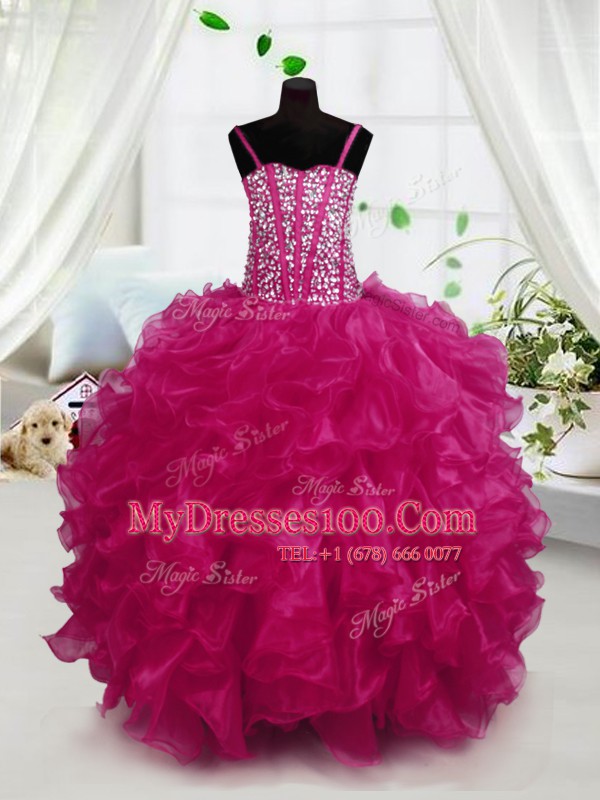 Custom Made Spaghetti Straps Sleeveless Lace Up Little Girl Pageant Gowns Hot Pink Organza