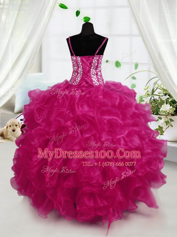 Custom Made Spaghetti Straps Sleeveless Lace Up Little Girl Pageant Gowns Hot Pink Organza