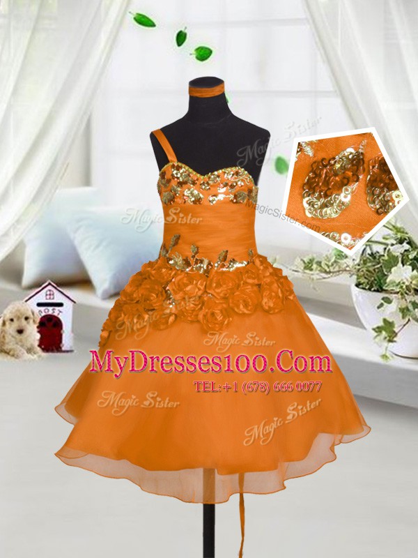 Clearance Sleeveless Organza Mini Length Lace Up Toddler Flower Girl Dress in Orange Red with Beading and Hand Made Flower