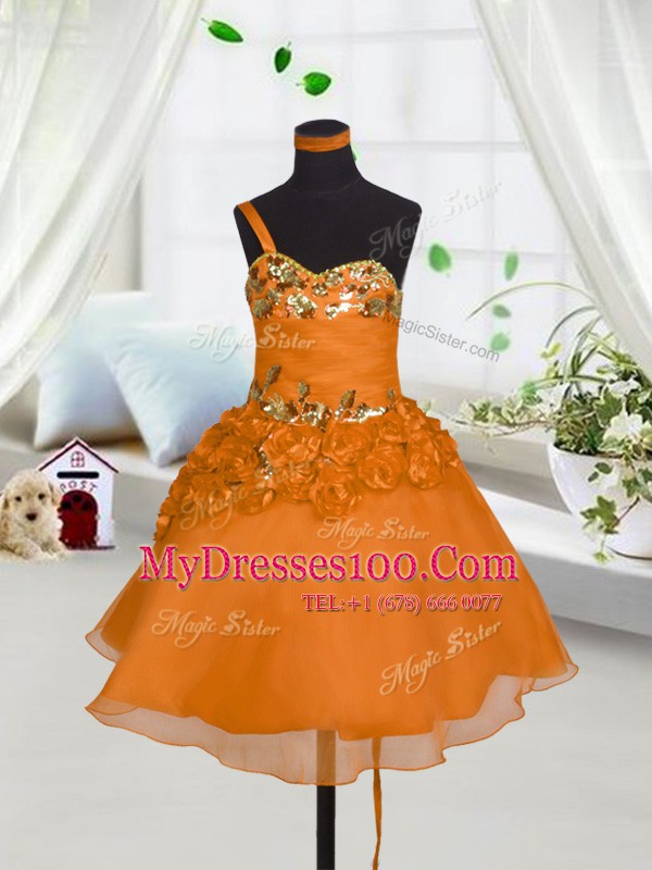Clearance Sleeveless Organza Mini Length Lace Up Toddler Flower Girl Dress in Orange Red with Beading and Hand Made Flower