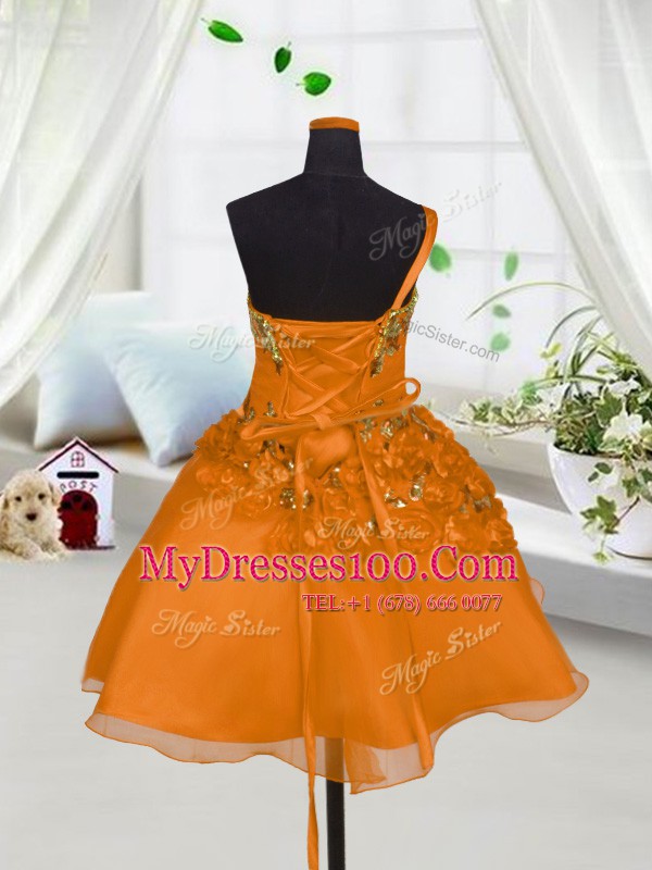 Clearance Sleeveless Organza Mini Length Lace Up Toddler Flower Girl Dress in Orange Red with Beading and Hand Made Flower