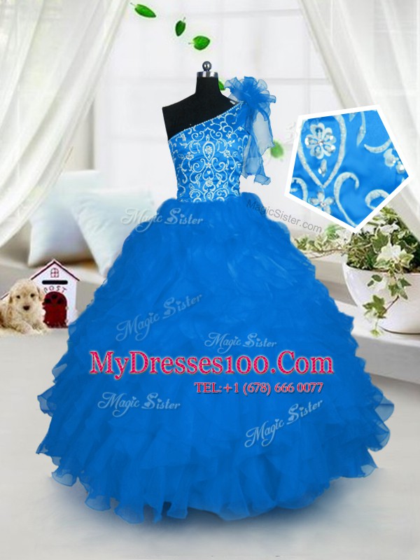 One Shoulder Aqua Blue Sleeveless Floor Length Embroidery and Ruffles Lace Up Little Girl Pageant Gowns