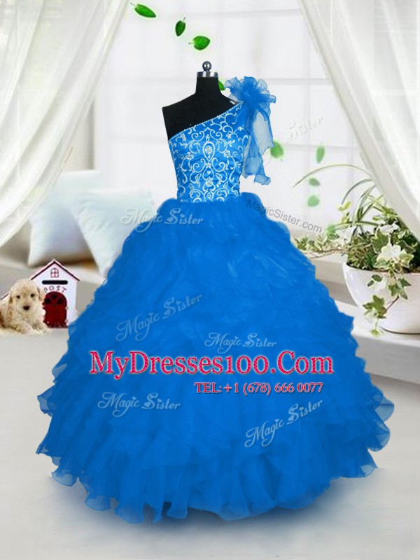 One Shoulder Aqua Blue Sleeveless Floor Length Embroidery and Ruffles Lace Up Little Girl Pageant Gowns